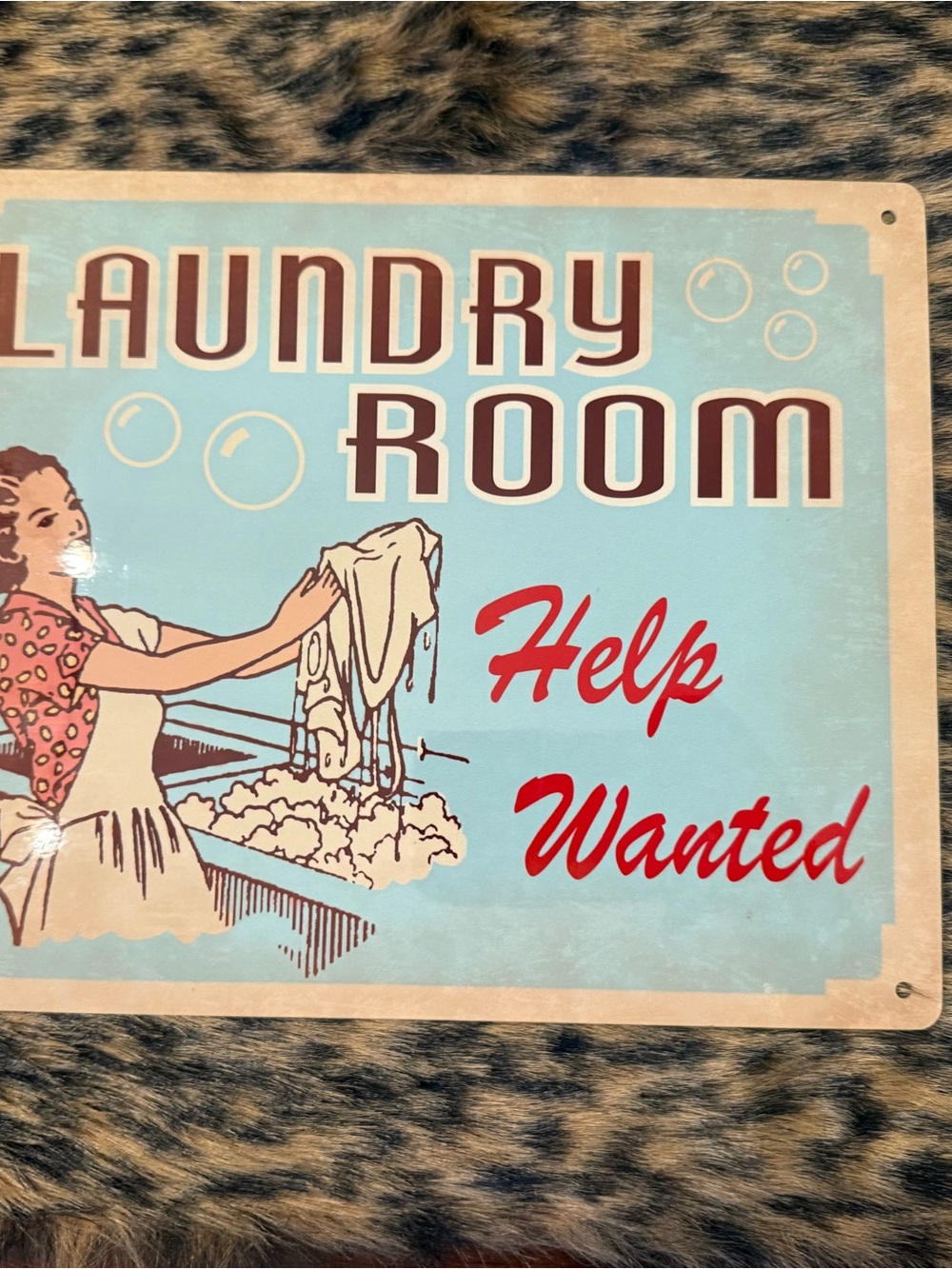 Laundry Room Help Wanted Retro Wall Sign - Light Blue & Red